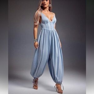 Denim jumpsuit wide leg casual sexy boho open back